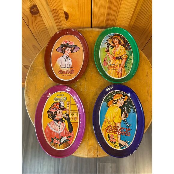 Vintage Victorian Collectible Coca Cola Mini Tin Oval Trays Made in Hong Kong 6" - Picture 1 of 9